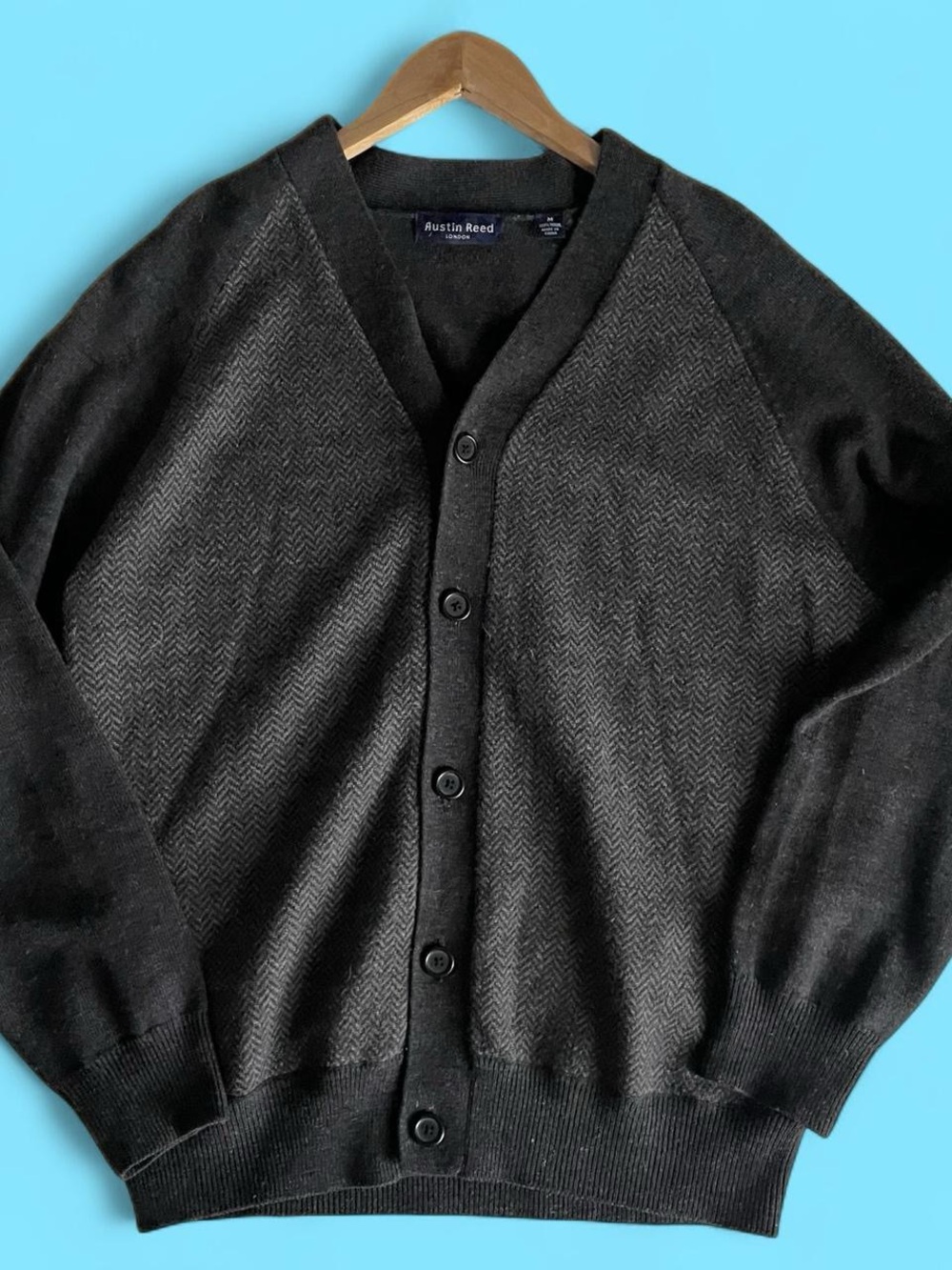 Austin Reed Men's Dark Charcoal Herringbone Button-Front Wool Cardigan